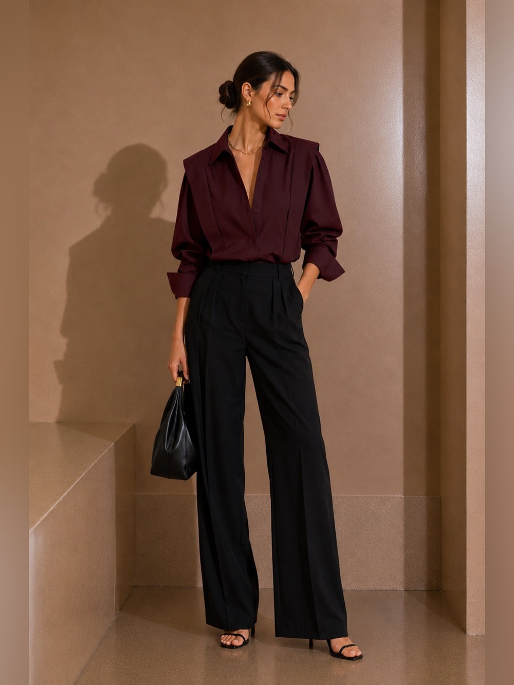 Commense Wine Button-Down Blouse